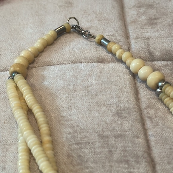 Abstract 3 Layer Cream & Brass Necklace 24” - Picture 4 of 7